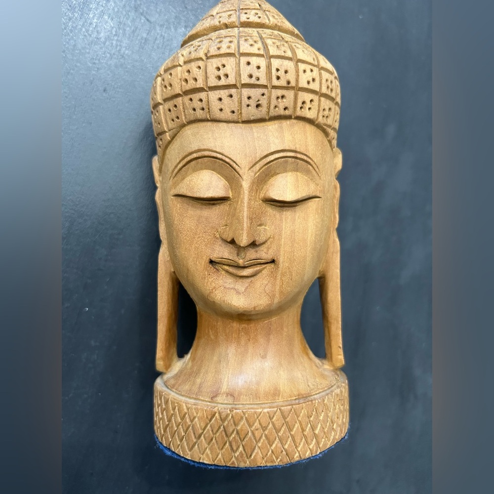 Handcrafted Solid Wood Buddha Head Sculpture